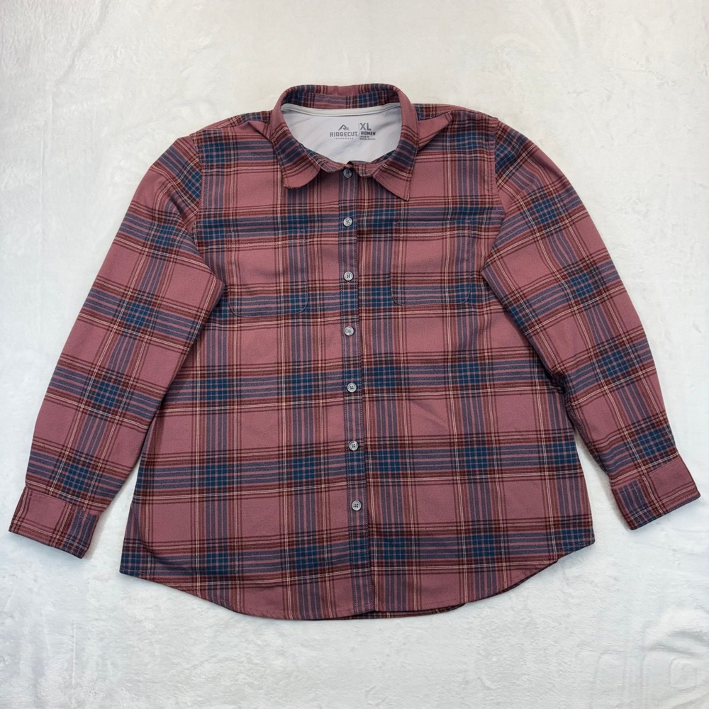 Ridgecut Toughwear Womens XL Mauve Pink Blue Plaid Button Down Shirt RC11011